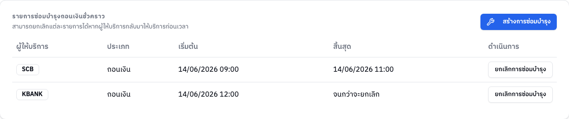 การ์ดรายการซ่อมบำรุงถอนเงินชั่วคราว