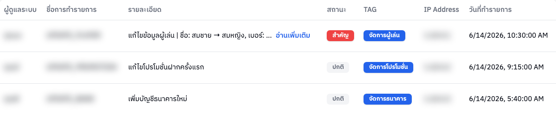 ตารางประวัติการทำรายการ