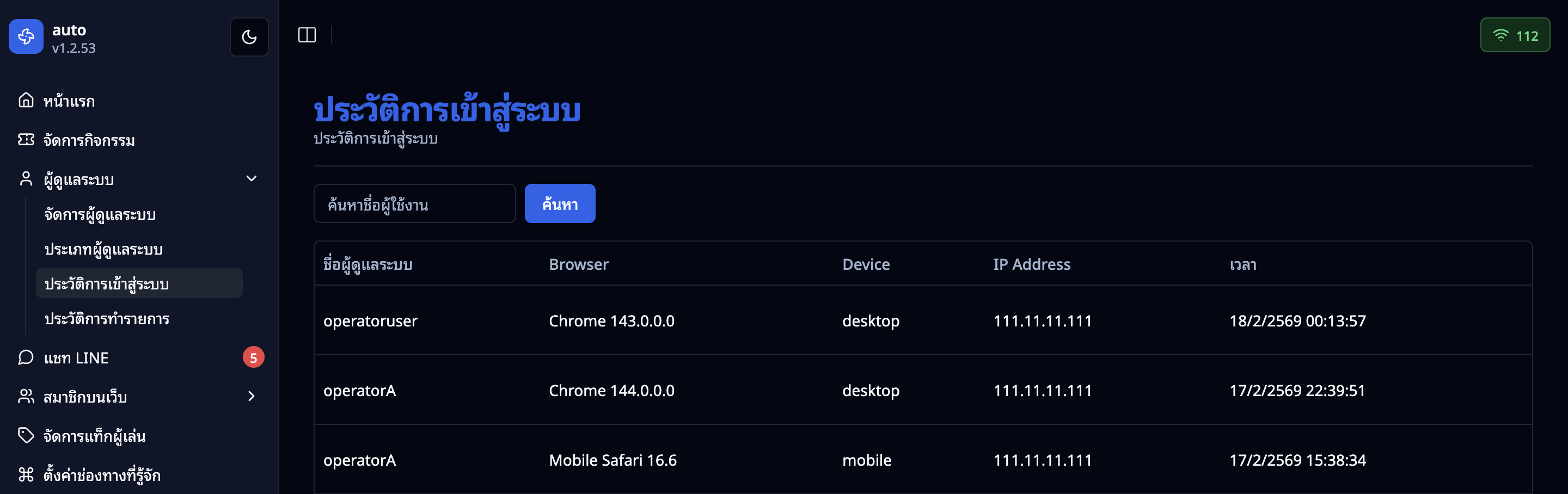 หน้าประวัติการเข้าสู่ระบบ — แสดงชื่อผู้ดูแลระบบ เบราว์เซอร์ อุปกรณ์ IP และเวลา