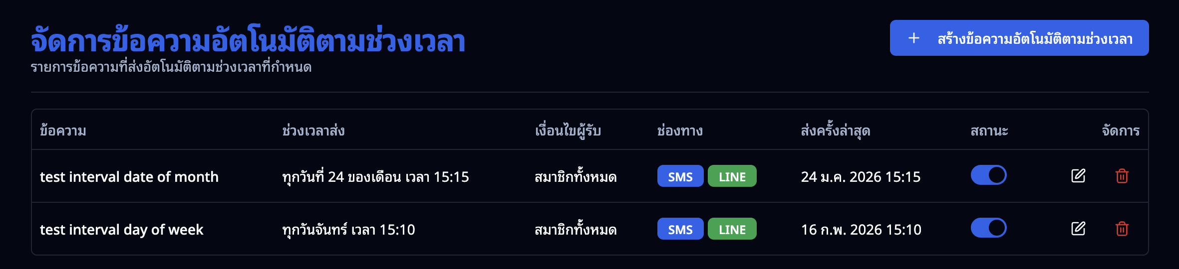 หน้าจัดการข้อความตามช่วงเวลา