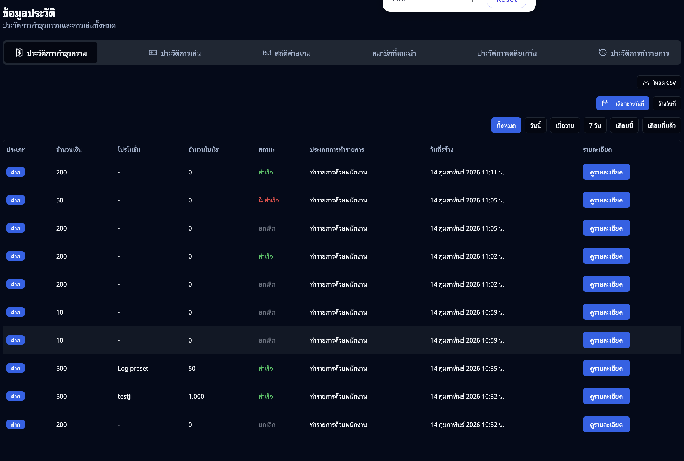 ประวัติการทำธุรกรรม